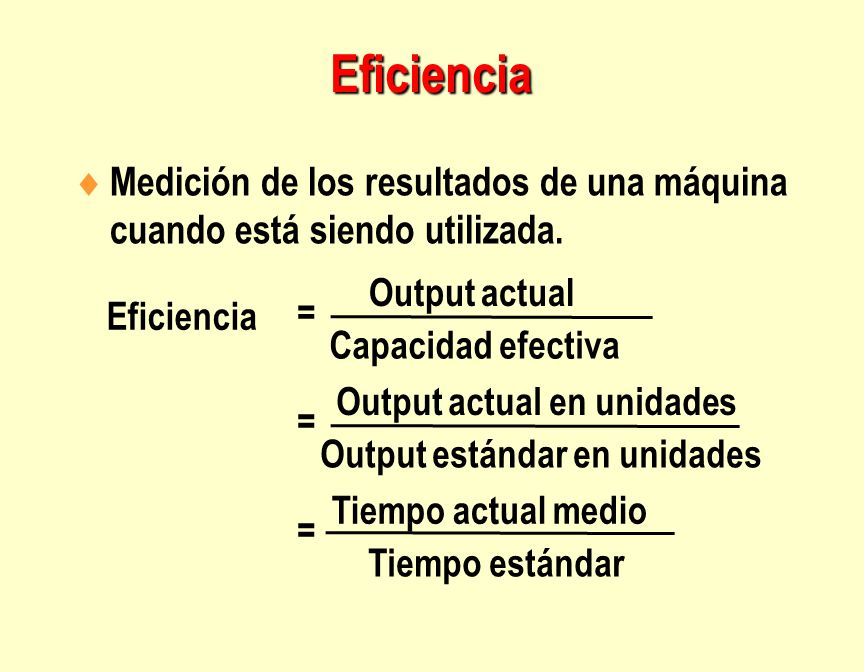 Eficiencia Medición de los resultados de una máquina cuando está siendo utilizada. Output actual. Eficiencia.
