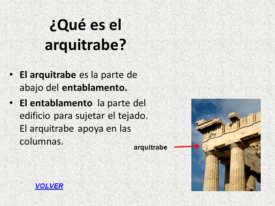 ¿Qué es el arquitrabe El arquitrabe es la parte de abajo del entablamento.