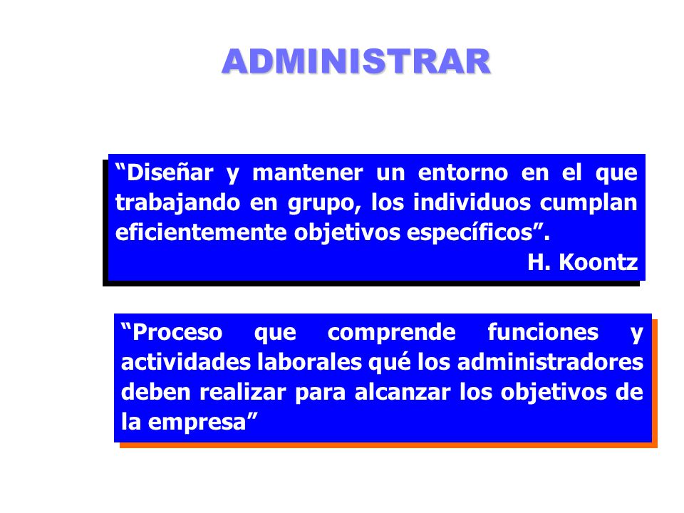 ADMINISTRAR Diseñar y mantener un entorno en el que trabajando en grupo, los individuos cumplan eficientemente objetivos específicos .