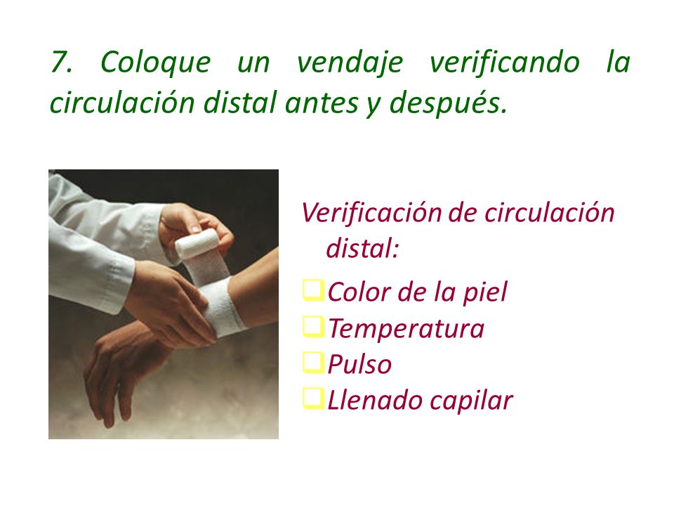7. Coloque un vendaje verificando la circulación distal antes y después.