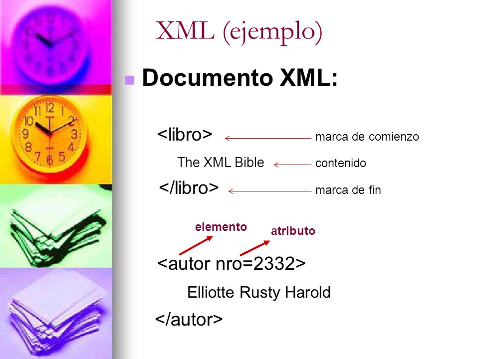 XML (ejemplo) Documento XML: <libro> marca de comienzo