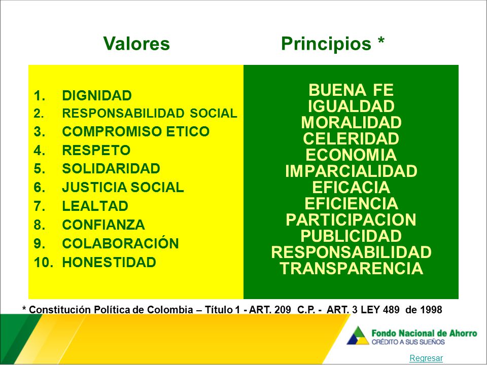 Valores Principios * BUENA FE IGUALDAD MORALIDAD CELERIDAD ECONOMIA
