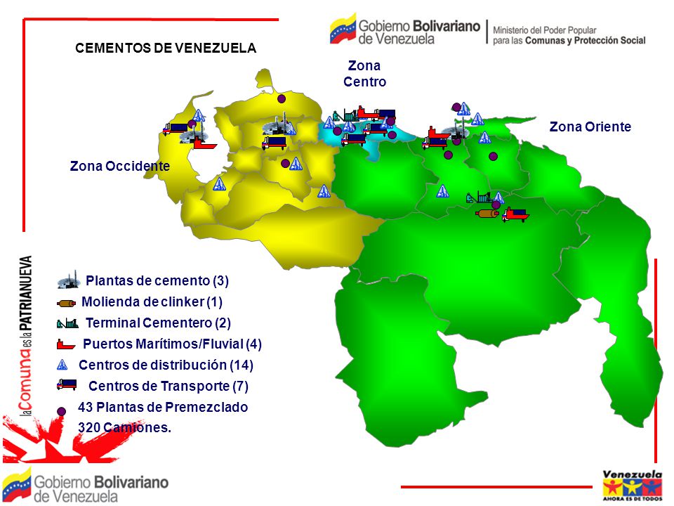 CEMENTOS DE VENEZUELA Zona. Centro. Zona Occidente. Zona Oriente. Plantas de cemento (3) Molienda de clinker (1)