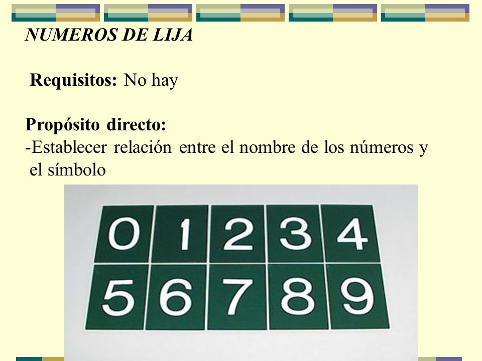 NUMEROS DE LIJA Requisitos: No hay. Propósito directo: Establecer relación entre el nombre de los números y.