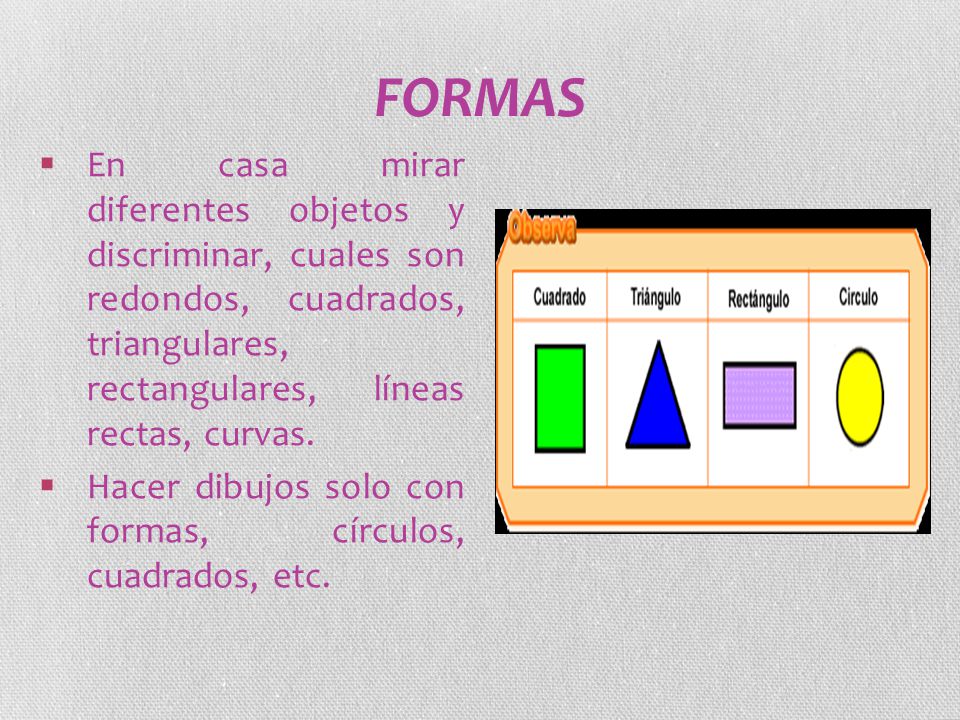 FORMAS En casa mirar diferentes objetos y discriminar, cuales son redondos, cuadrados, triangulares, rectangulares, líneas rectas, curvas.