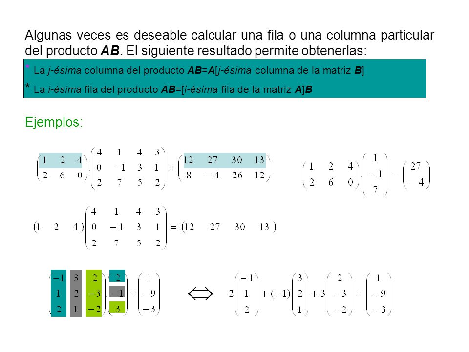 Algunas veces es deseable calcular una fila o una columna particular del producto AB. El siguiente resultado permite obtenerlas: