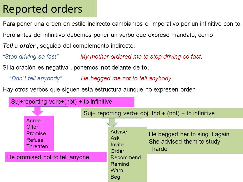 Reported orders Para poner una orden en estilo indirecto cambiamos el imperativo por un infinitivo con to.