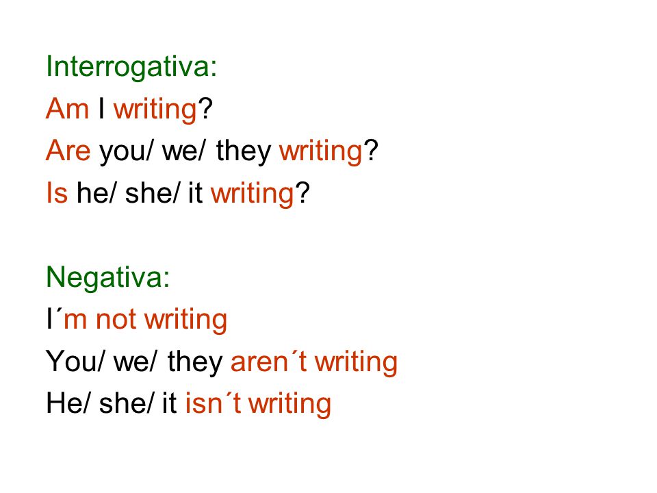 Interrogativa: Am I writing Are you/ we/ they writing Is he/ she/ it writing Negativa: I´m not writing.