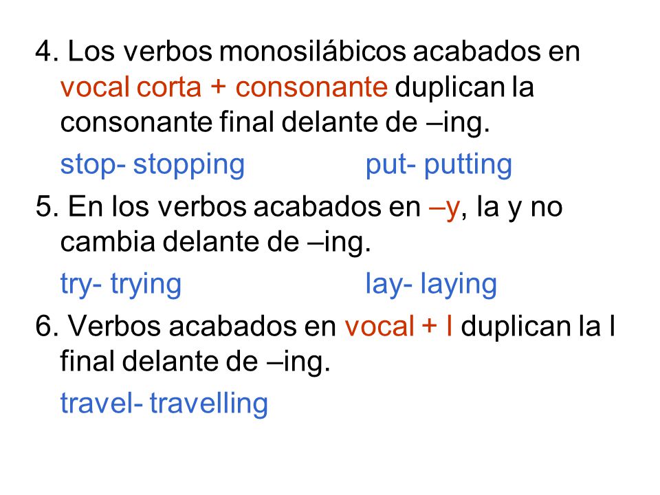 4. Los verbos monosilábicos acabados en vocal corta + consonante duplican la consonante final delante de –ing.