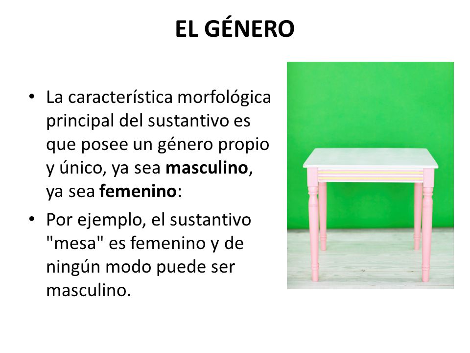 EL GÉNERO La característica morfológica principal del sustantivo es que posee un género propio y único, ya sea masculino, ya sea femenino:
