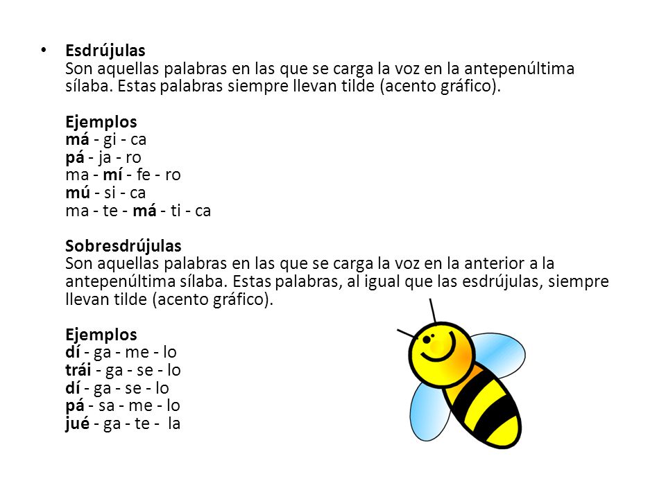 Esdrújulas Son aquellas palabras en las que se carga la voz en la antepenúltima sílaba.