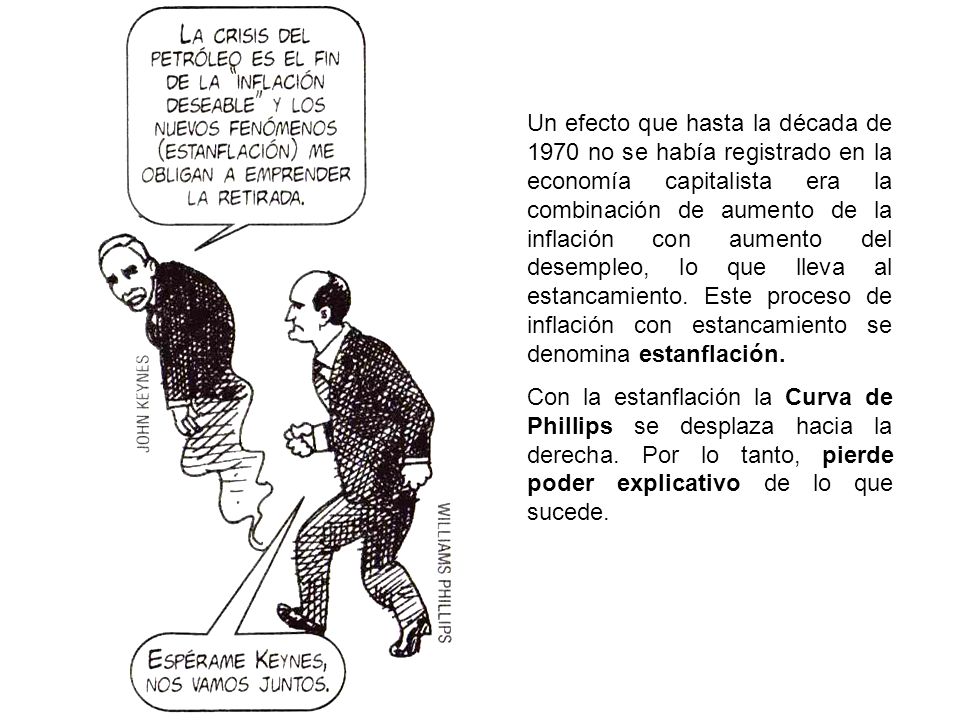 Un efecto que hasta la década de 1970 no se había registrado en la economía capitalista era la combinación de aumento de la inflación con aumento del desempleo, lo que lleva al estancamiento. Este proceso de inflación con estancamiento se denomina estanflación.