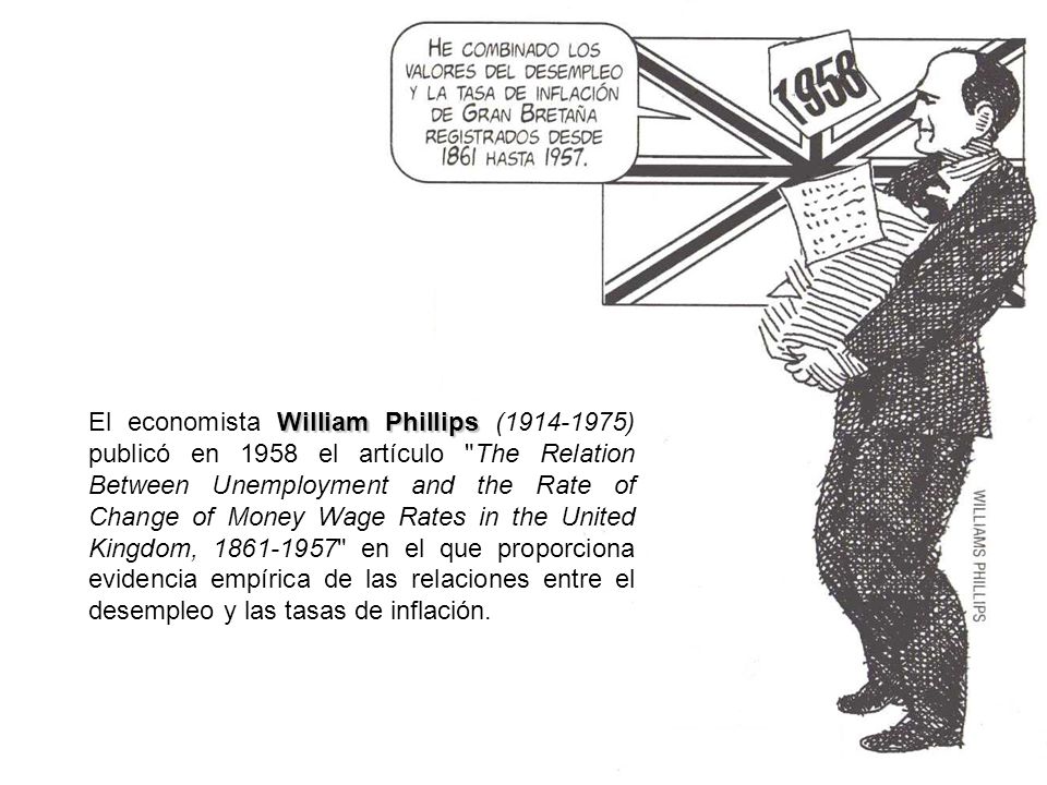 El economista William Phillips ( ) publicó en 1958 el artículo The Relation Between Unemployment and the Rate of Change of Money Wage Rates in the United Kingdom, en el que proporciona evidencia empírica de las relaciones entre el desempleo y las tasas de inflación.