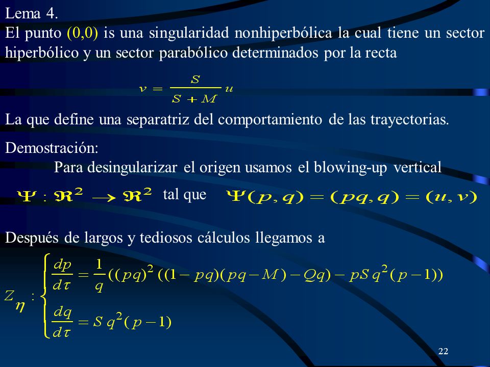 Lema 4. El punto (0,0) is una singularidad nonhiperbólica la cual tiene un sector hiperbólico y un sector parabólico determinados por la recta.