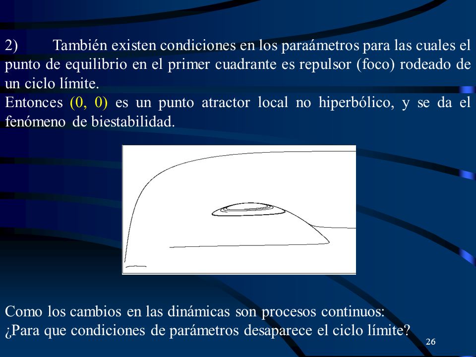 2) También existen condiciones en los paraámetros para las cuales el punto de equilibrio en el primer cuadrante es repulsor (foco) rodeado de un ciclo límite.