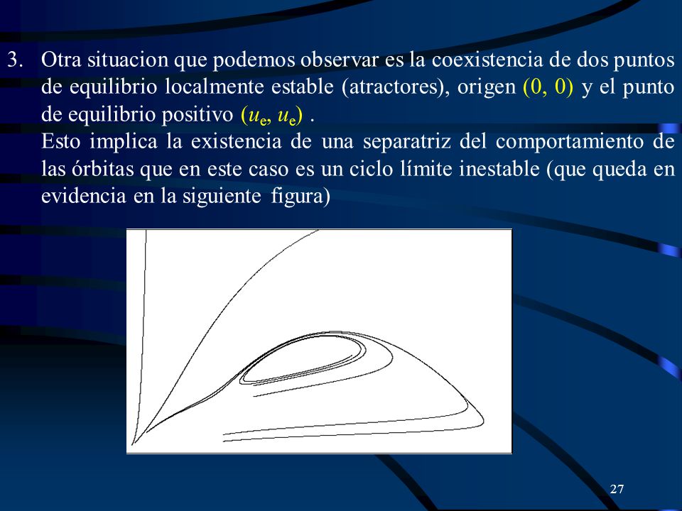 3. Otra situacion que podemos observar es la coexistencia de dos puntos de equilibrio localmente estable (atractores), origen (0, 0) y el punto de equilibrio positivo (ue, ue) .