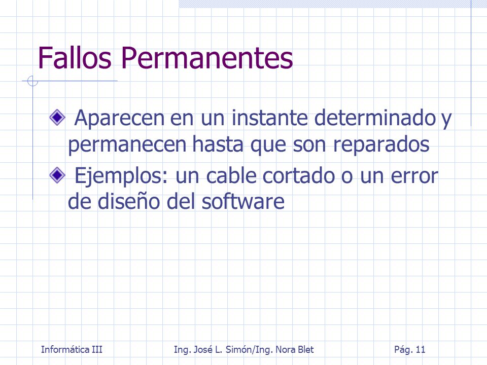 Fallos Permanentes Aparecen en un instante determinado y permanecen hasta que son reparados.