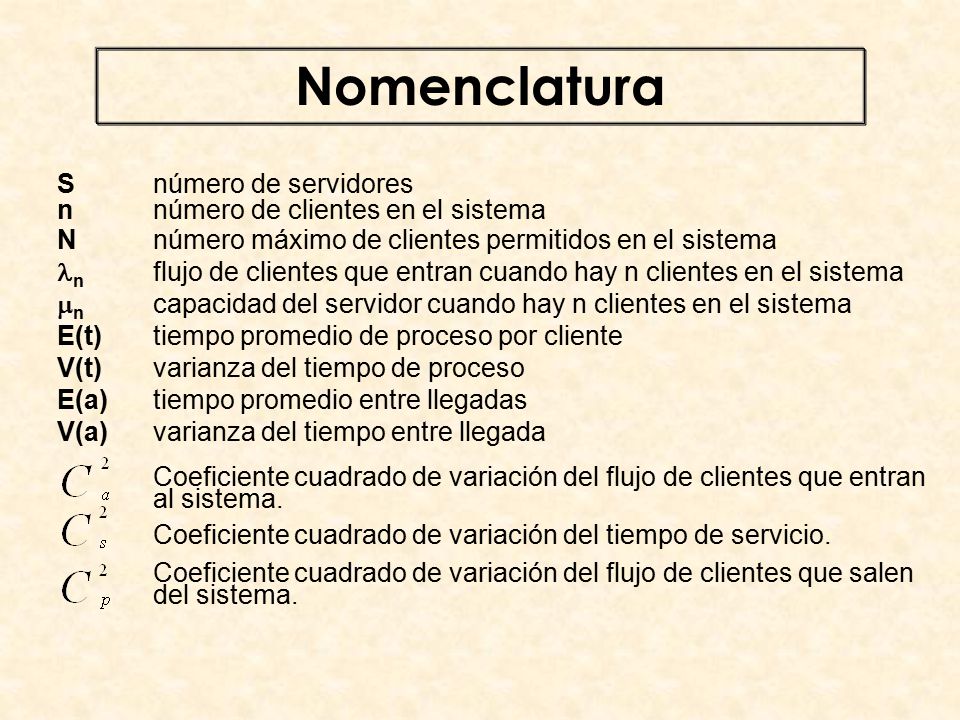 Nomenclatura S número de servidores n número de clientes en el sistema