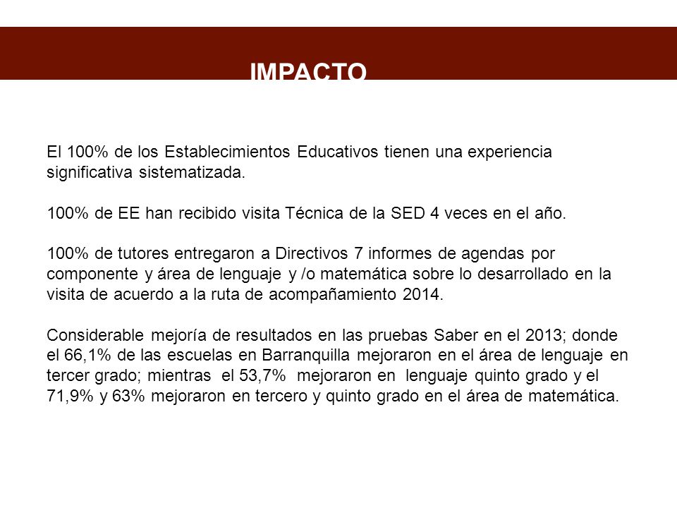 IMPACTO El 100% de los Establecimientos Educativos tienen una experiencia significativa sistematizada.