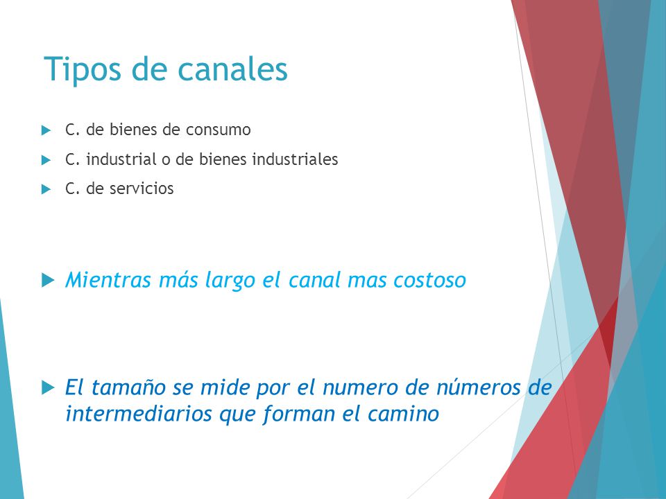 Tipos de canales Mientras más largo el canal mas costoso