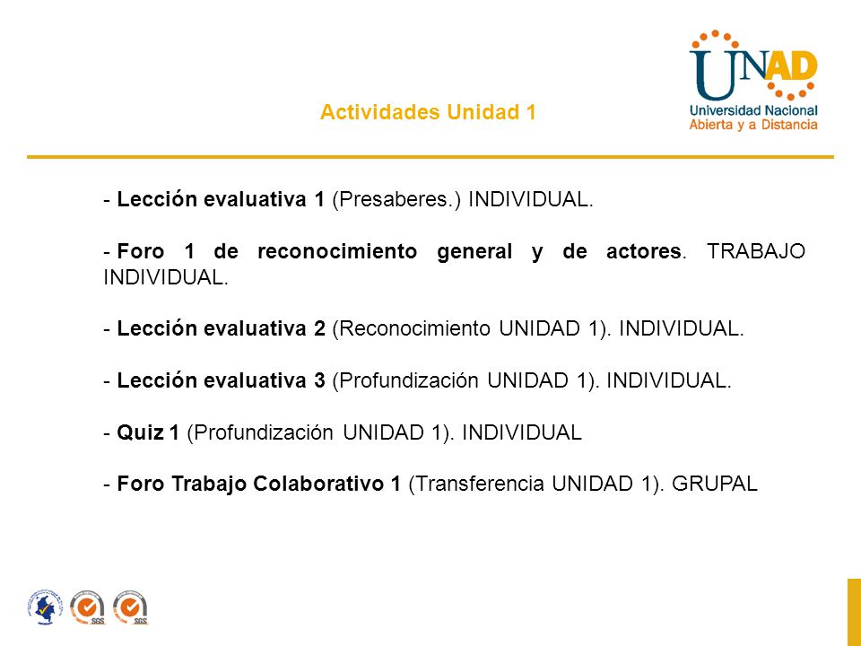 Actividades Unidad 1 Lección evaluativa 1 (Presaberes.) INDIVIDUAL. Foro 1 de reconocimiento general y de actores. TRABAJO INDIVIDUAL.