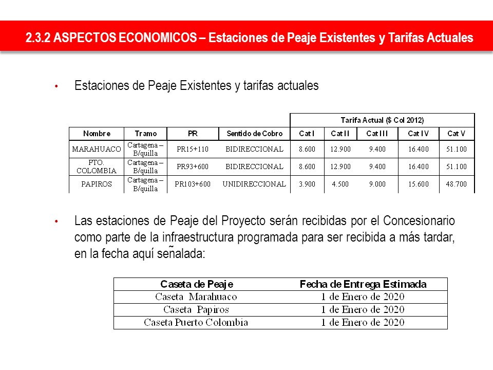 2.3.2 ASPECTOS ECONOMICOS – Estaciones de Peaje Existentes y Tarifas Actuales