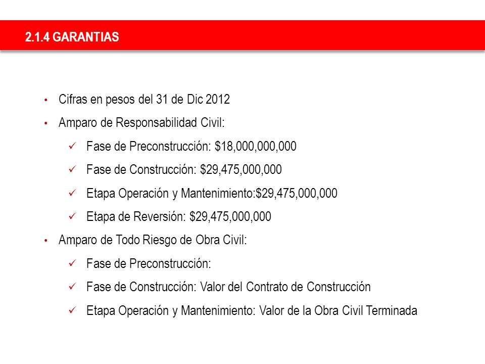 2.1.4 GARANTIAS Cifras en pesos del 31 de Dic Amparo de Responsabilidad Civil: Fase de Preconstrucción: $18,000,000,000.