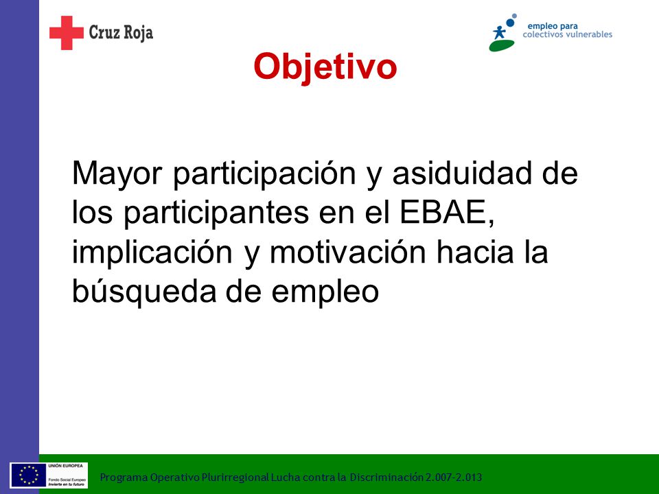 Objetivo Mayor participación y asiduidad de los participantes en el EBAE, implicación y motivación hacia la búsqueda de empleo.