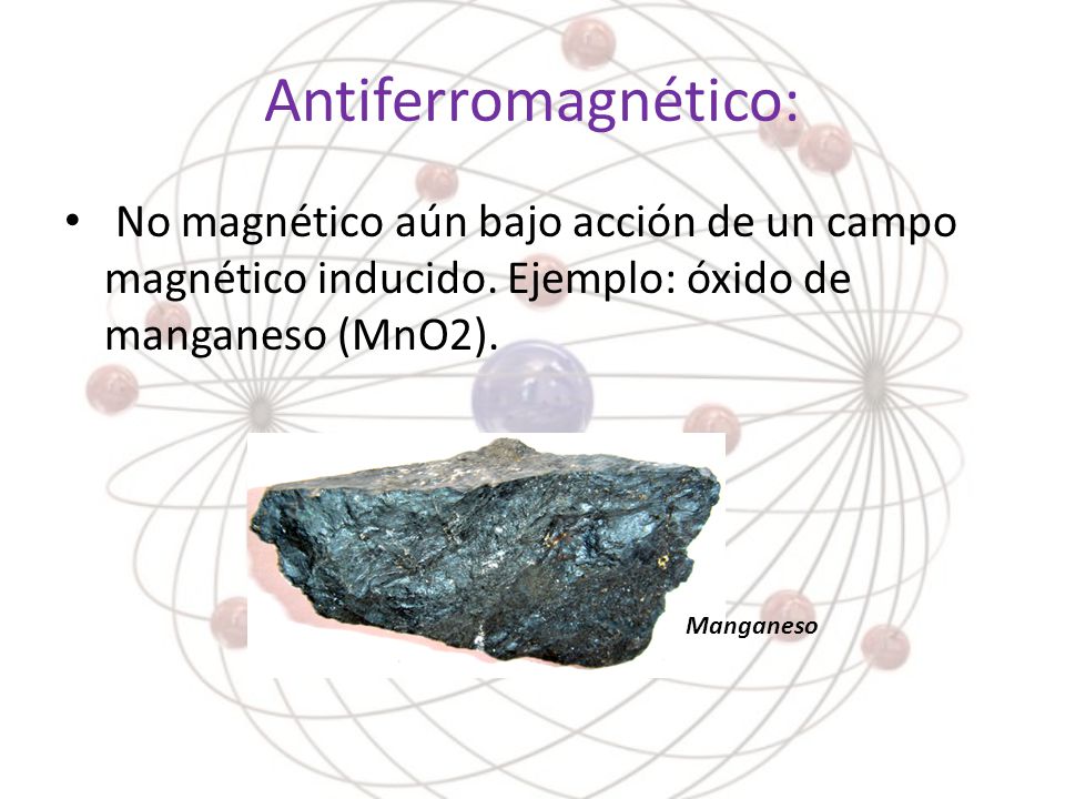 Antiferromagnético: No magnético aún bajo acción de un campo magnético inducido. Ejemplo: óxido de manganeso (MnO2).