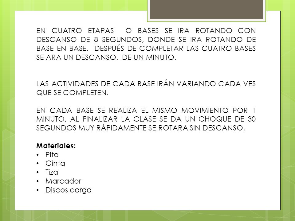 EN CUATRO ETAPAS O BASES SE IRA ROTANDO CON DESCANSO DE 8 SEGUNDOS, DONDE SE IRA ROTANDO DE BASE EN BASE, DESPUÉS DE COMPLETAR LAS CUATRO BASES SE ARA UN DESCANSO. DE UN MINUTO.