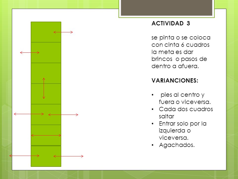 ACTIVIDAD 3 se pinta o se coloca con cinta 6 cuadros la meta es dar brincos o pasos de dentro a afuera.