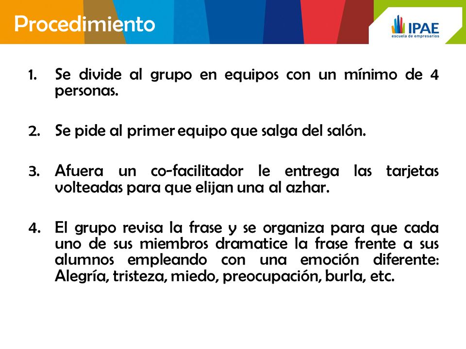 Procedimiento Se divide al grupo en equipos con un mínimo de 4 personas. Se pide al primer equipo que salga del salón.
