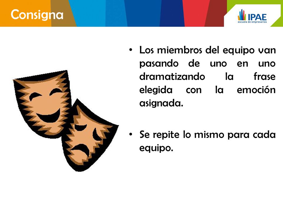 Consigna Los miembros del equipo van pasando de uno en uno dramatizando la frase elegida con la emoción asignada.