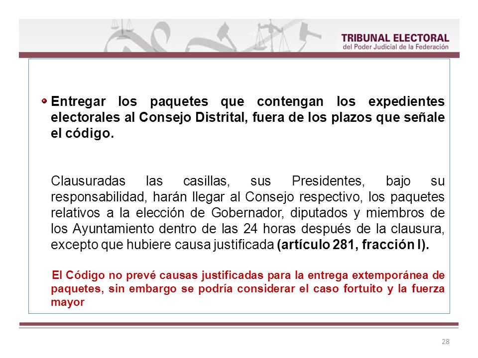 Entregar los paquetes que contengan los expedientes electorales al Consejo Distrital, fuera de los plazos que señale el código.