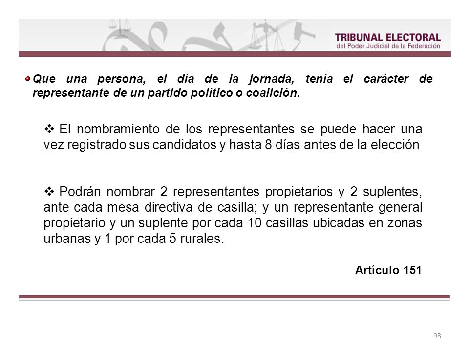 El nombramiento de los representantes se puede hacer una vez registrado sus candidatos y hasta 8 días antes de la elección