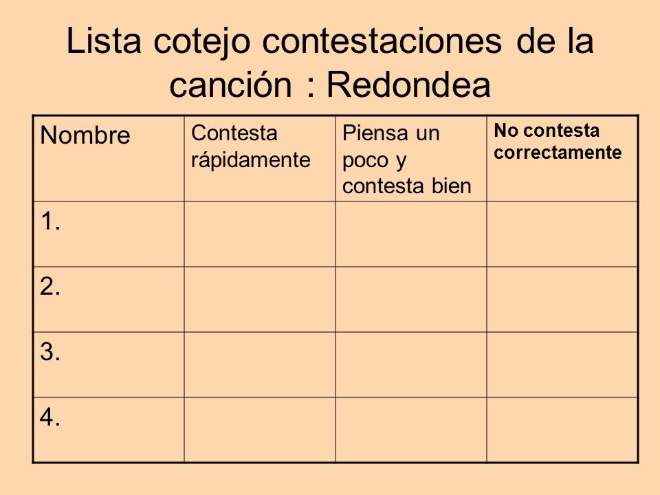 Lista cotejo contestaciones de la canción : Redondea