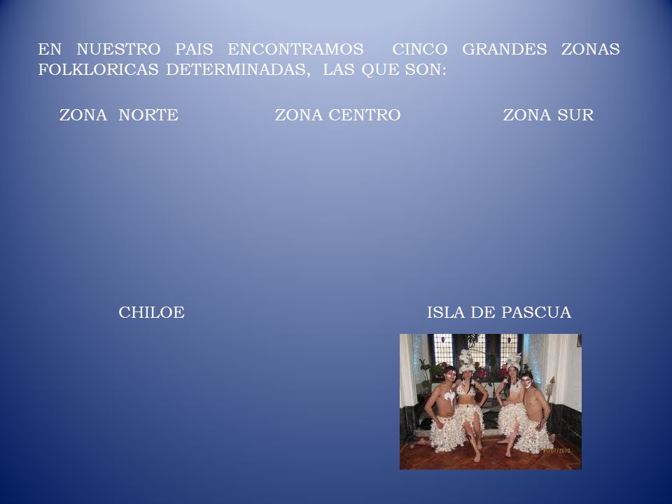 EN NUESTRO PAIS ENCONTRAMOS CINCO GRANDES ZONAS FOLKLORICAS DETERMINADAS, LAS QUE SON: