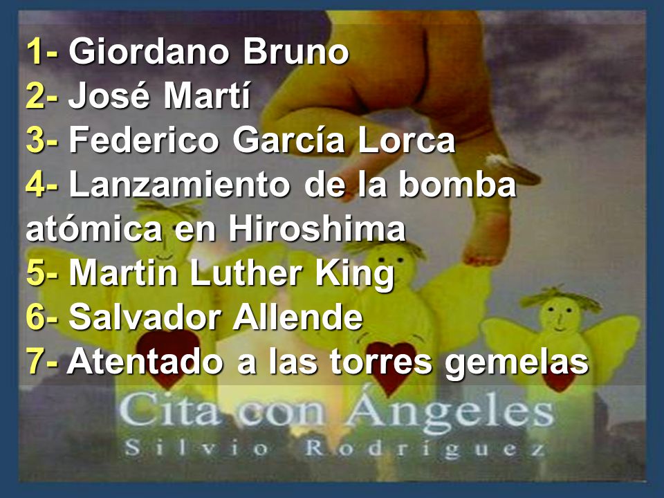 1- Giordano Bruno 2- José Martí. 3- Federico García Lorca. 4- Lanzamiento de la bomba atómica en Hiroshima.