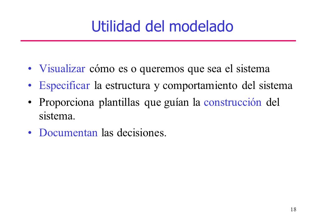 Utilidad del modelado Visualizar cómo es o queremos que sea el sistema