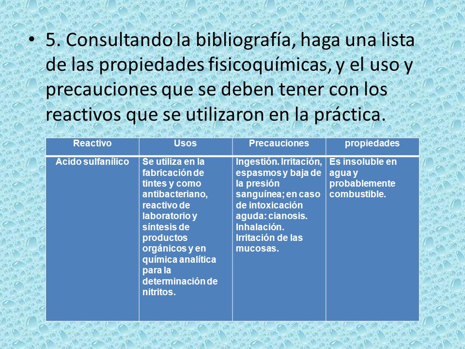 5. Consultando la bibliografía, haga una lista de las propiedades fisicoquímicas, y el uso y precauciones que se deben tener con los reactivos que se utilizaron en la práctica.