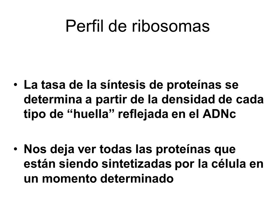 Perfil de ribosomas La tasa de la síntesis de proteínas se determina a partir de la densidad de cada tipo de huella reflejada en el ADNc.