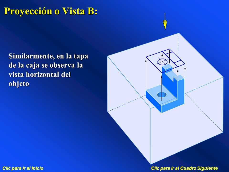 Proyección o Vista B: Similarmente, en la tapa de la caja se observa la vista horizontal del objeto
