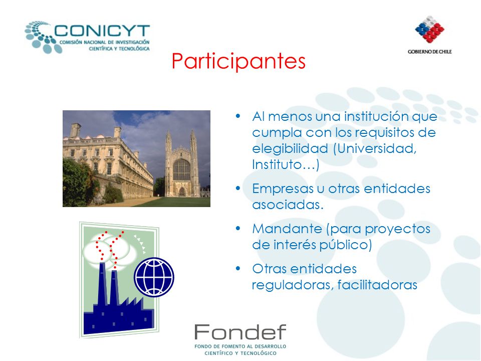 Participantes Al menos una institución que cumpla con los requisitos de elegibilidad (Universidad, Instituto…)