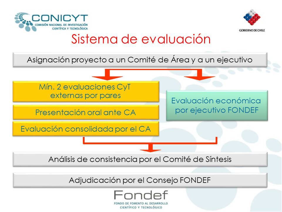 Sistema de evaluación Asignación proyecto a un Comité de Área y a un ejecutivo. Mín. 2 evaluaciones CyT.
