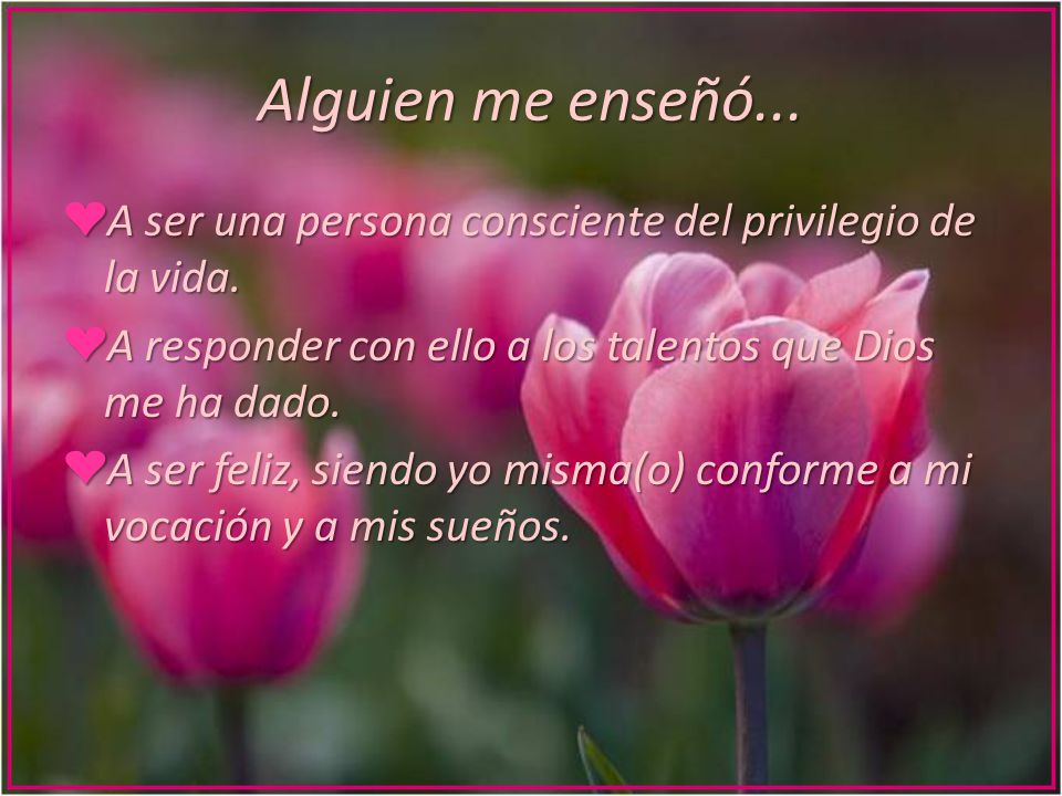 Alguien me enseñó... A ser una persona consciente del privilegio de la vida. A responder con ello a los talentos que Dios me ha dado.