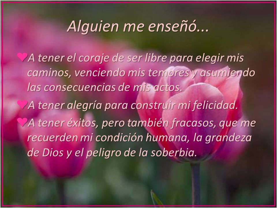 Alguien me enseñó... A tener el coraje de ser libre para elegir mis caminos, venciendo mis temores y asumiendo las consecuencias de mis actos.