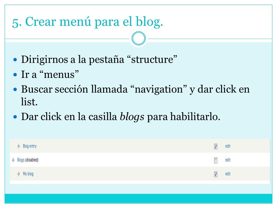 5. Crear menú para el blog. Dirigirnos a la pestaña structure