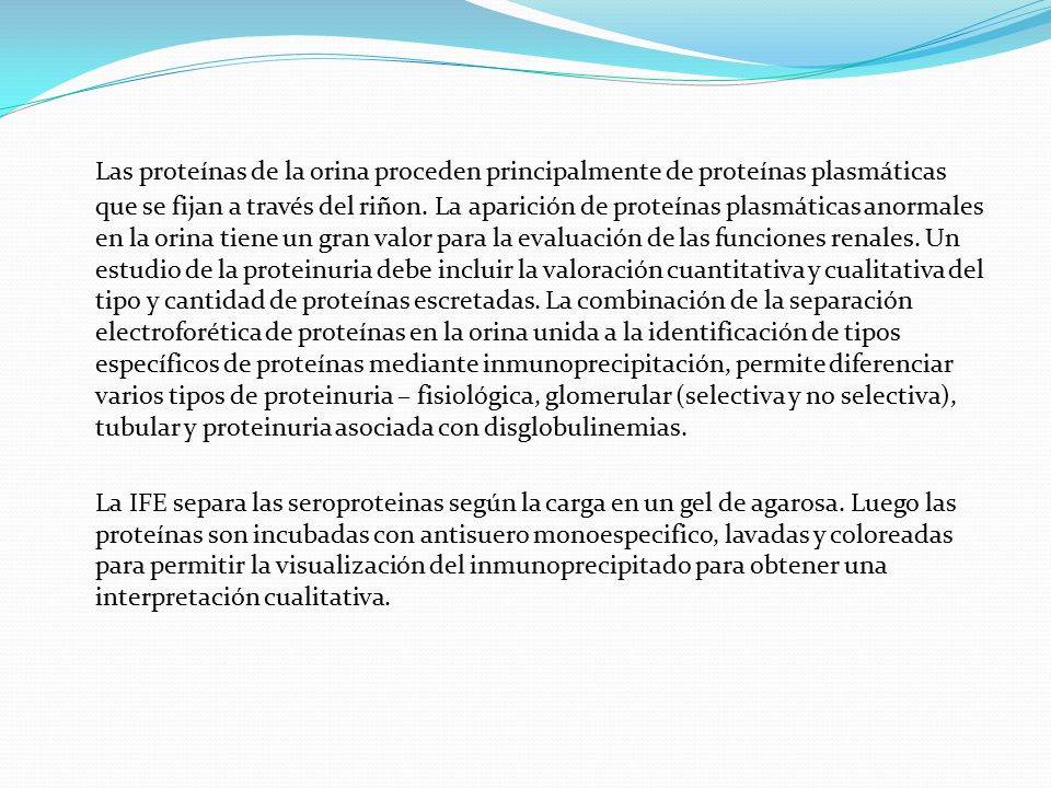 Las proteínas de la orina proceden principalmente de proteínas plasmáticas que se fijan a través del riñon. La aparición de proteínas plasmáticas anormales en la orina tiene un gran valor para la evaluación de las funciones renales. Un estudio de la proteinuria debe incluir la valoración cuantitativa y cualitativa del tipo y cantidad de proteínas escretadas. La combinación de la separación electroforética de proteínas en la orina unida a la identificación de tipos específicos de proteínas mediante inmunoprecipitación, permite diferenciar varios tipos de proteinuria – fisiológica, glomerular (selectiva y no selectiva), tubular y proteinuria asociada con disglobulinemias.