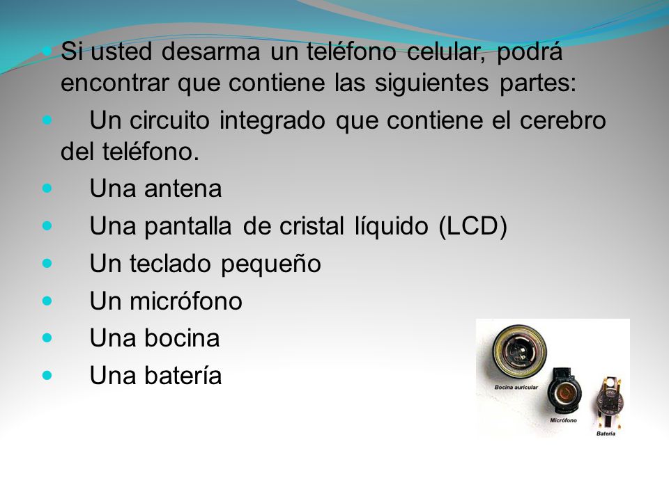 Si usted desarma un teléfono celular, podrá encontrar que contiene las siguientes partes: