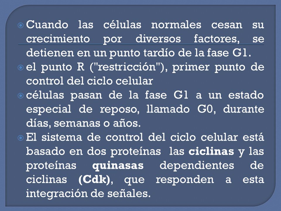 Cuando las células normales cesan su crecimiento por diversos factores, se detienen en un punto tardío de la fase G1.